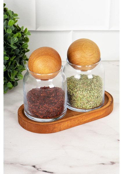 2’li Ahşap Top Kapaklı Cam Kavanoz Seti Baharatlık, 300 ml, TR üretimi modelleri