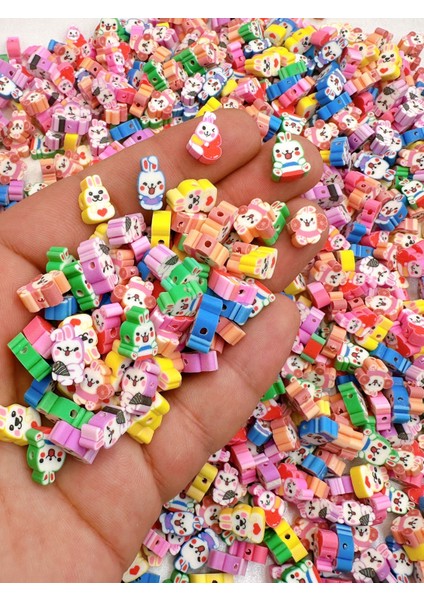 10 mm Renkli Tavşan Figür Fimo Boncuk Takı Yapımı Bead (100 Adet)