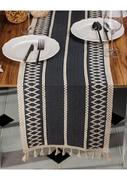Runner, Örme Lacivert Runner , Püsküllü Organik Pamuk Dantel Örme Runner 35X155 cm Regina Runner Örtüsü, Lacivert Runner, Boho Masa Runner