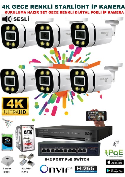 6 Kameralı Sesli 4K 1440P Full Hd Poeli Ip Kamera Gece Renkli Ultra Hd Çözünürlük Kamera Sistemi