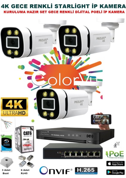 3 Kameralı Sesli 4K 1440P Full Hd Poeli Ip Kamera Gece Renkli Ultra Hd Çözünürlük Kamera Sistemi