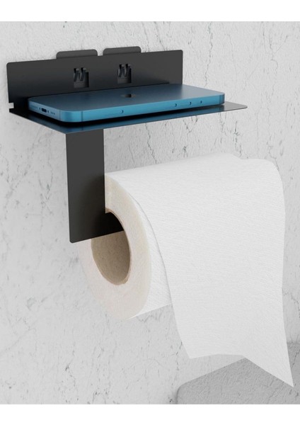 Metal Siyah Ultra Güçlü Yapışkanlı Telefon Tutacaklı Tuvalet Wc Kağıtlık MT92S