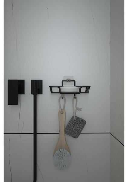 Kancalı Siyah Çok Amaçlı Banyo & Mutfak Rafı ve Katı Sabunluk