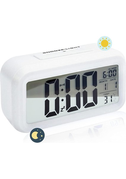 Dijital Çalar Saat Büyük Led Ekranlı Başucu Saati 12/24 Saat Erteleme Gece Lambası, Tarih Takvimli Pil Saat Yatak Odası Ev Ofis Için (Beyaz)