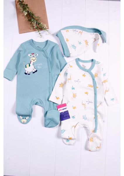 3-6 Ay Zürafa Nakışlı Erkek Bebek 4'lü Tulum Seti Yeşil