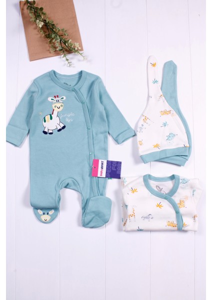 3-6 Ay Zürafa Nakışlı Erkek Bebek 4'lü Tulum Seti Yeşil