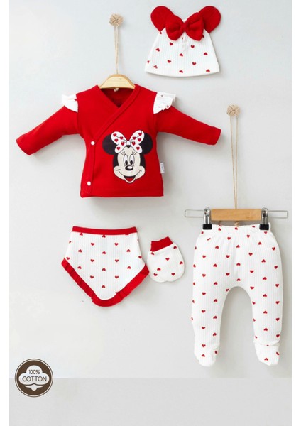 3 Ay Kız Bebek Mickey Desenli %100 Pamuk 5'li Hastane Çıkışı Kırmızı