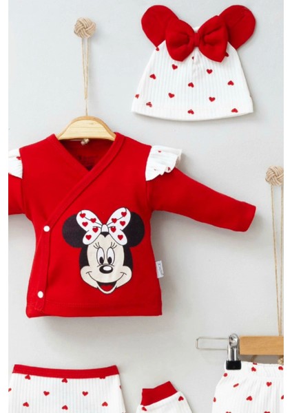 3 Ay Kız Bebek Mickey Desenli %100 Pamuk 5'li Hastane Çıkışı Kırmızı