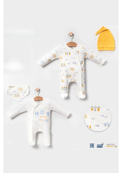 3-6 Ay Erkek Bebek Tulumu Araba Desenli Sarı 4'lü Sarı