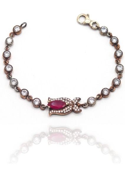 Yakut Taşlı Tek Lale Model Gümüş Kadın Otantik Bileklik 201023242