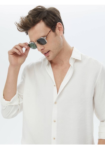 Ekru Düz Regular Fit Dokuma Casual Gömlek indirimleri