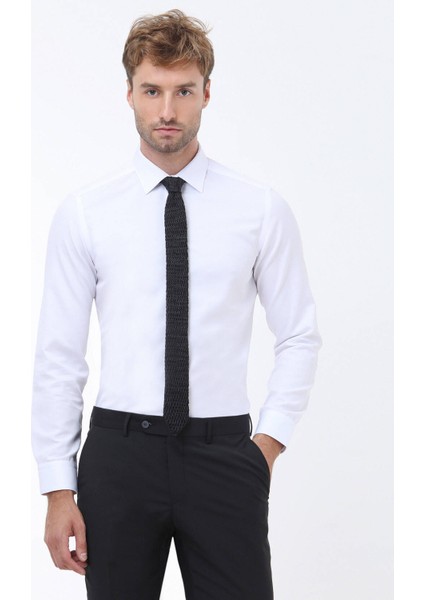 Beyaz Düz Slim Fit Dokuma Klasik Pamuk Karışımlı Gömlek