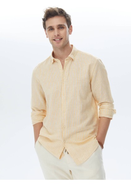 Safran Çizgili Regular Fit Dokuma Casual Pamuk Karışımlı Gömlek
