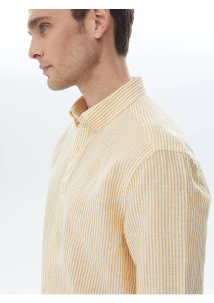 Safran Çizgili Regular Fit Dokuma Casual Pamuk Karışımlı Gömlek fiyatları