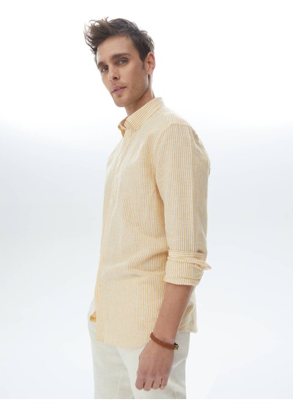 Safran Çizgili Regular Fit Dokuma Casual Pamuk Karışımlı Gömlek indirimleri