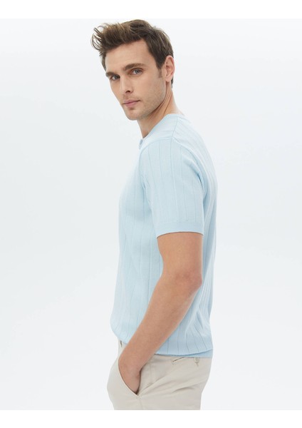 Açık Mavi Hakim Yaka Jakarlı Triko indirimleri