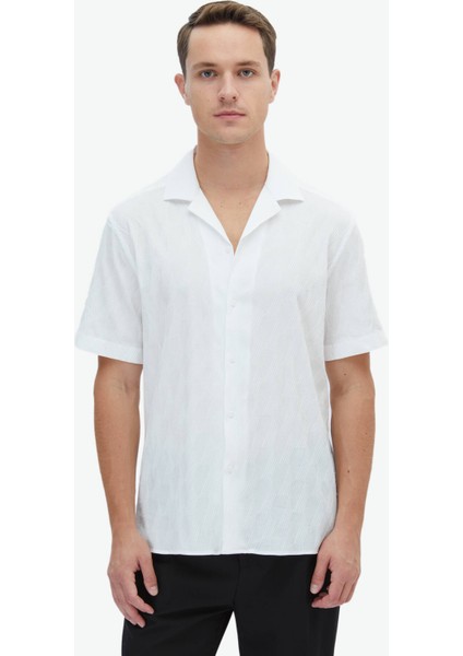 Beyaz Desenli Regular Fit Dokuma Casual Pamuk Karışımlı Gömlek