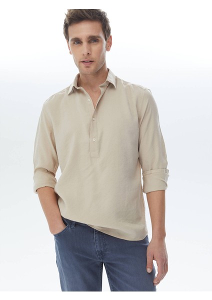 Açık Vizon Regular Fit Dokuma Casual Gömlek