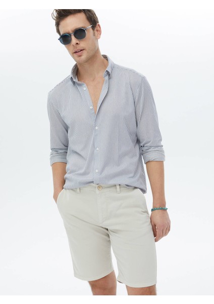 Koyu Mavi Çizgili Regular Fit Casual Pamuk Karışımlı Gömlek modelleri