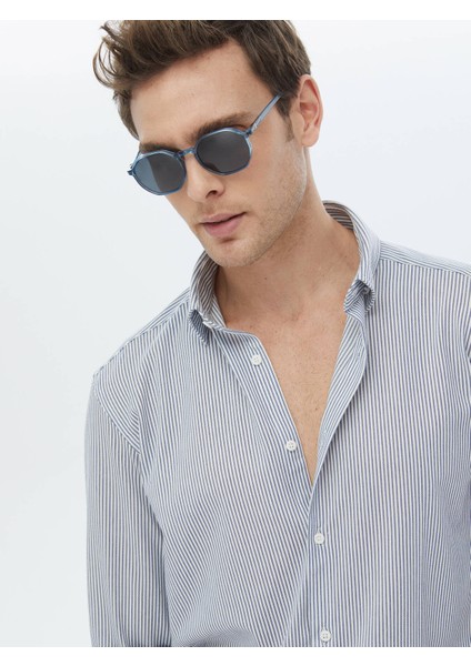 Koyu Mavi Çizgili Regular Fit Casual Pamuk Karışımlı Gömlek fırsatları