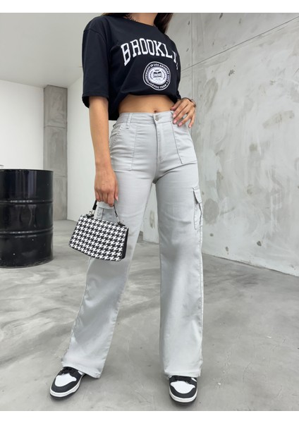 Taş Gri Kargo Cepli Likralı Yüksek Bel Wide Leg Pantolon fiyatları