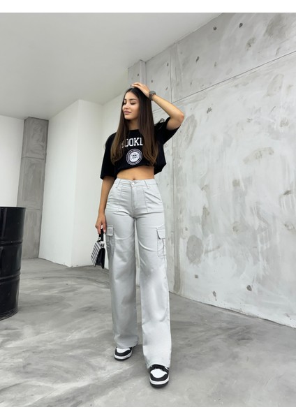 Taş Gri Kargo Cepli Likralı Yüksek Bel Wide Leg Pantolon indirimleri