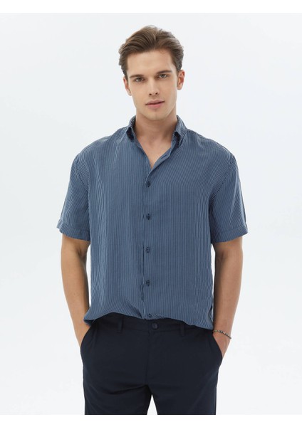 Koyu Mavi Çizgili Oversize Fit Dokuma Casual Gömlek