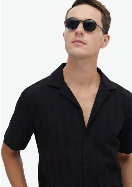 Siyah Desenli Regular Fit Dokuma Casual Pamuk Karışımlı Gömlek fırsatları