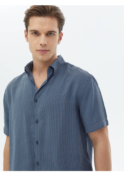 Koyu Mavi Çizgili Oversize Fit Dokuma Casual Gömlek fiyatları