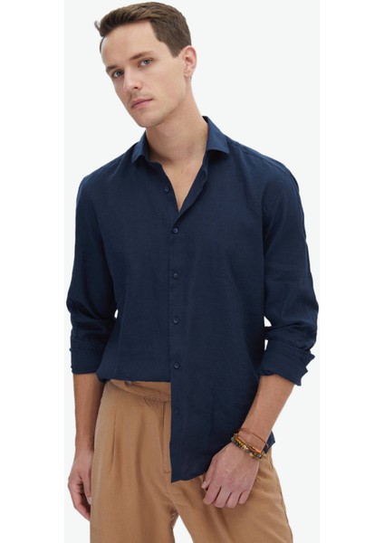 Lacivert Düz Regular Fit Dokuma Casual Pamuk Karışımlı Gömlek