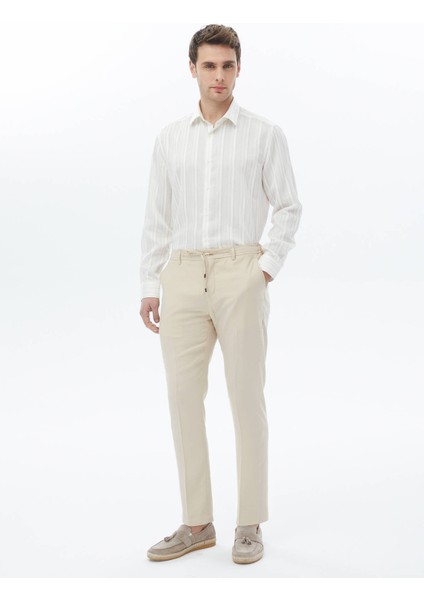 Beyaz Çizgili Regular Fit Dokuma Klasik Keten Karışımlı Gömlek fiyatları
