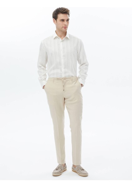 Beyaz Çizgili Regular Fit Dokuma Klasik Keten Karışımlı Gömlek modelleri