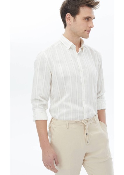 Beyaz Çizgili Regular Fit Dokuma Klasik Keten Karışımlı Gömlek indirimleri