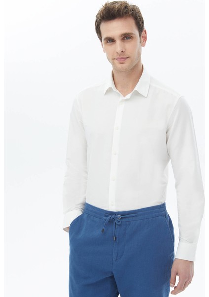 Ekru Düz Regular Fit Dokuma Casual Pamuk Karışımlı Gömlek