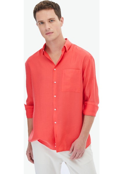 Nar Çiçeği Düz Oversize Fit Dokuma Casual Gömlek