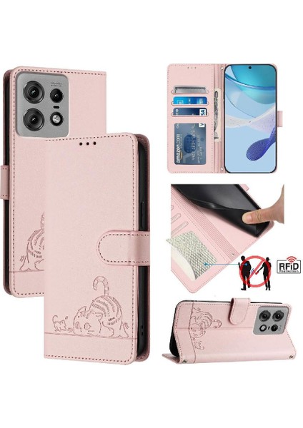 Motorola Kenar 50 Pro Için Kılıf Cüzdan Kapak Çevirin Kedi Rfıd Kart Yuvası Tutucu (Yurt Dışından)