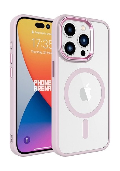 Iphone 14 Pro Max Uyumlu Magsafe Krom Kamera Kenarı Detaylı Premium Telefon Kılıfı- pembe