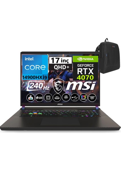 Msı Vector 17 Hx Intel I9-14900HX 64GB Ddr5 1tb SSD 8GB/RTX4070 Freedos 17" 240HZ Qhd+ Taşınabilir Bilgisayar A14VGG-229TRW14+WEBLEGELSINÇANTA