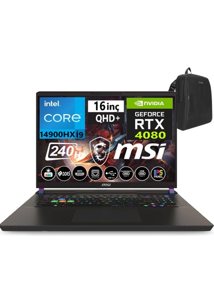 Msı Vector 16 Hx Intel I9-14900HX 24GB Ddr5 2tb SSD 12GB/RTX4080 175W Freedos 16" 240HZ Qhd+ Taşınabilir Bilgisayar A14VHG-497XTRW03+WEBLEGELSINÇANTA