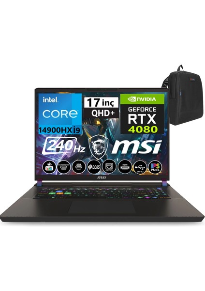 Msı Vector 17 Hx Intel I9-14900HX 32GB Ddr5 1tb SSD 12GB/RTX4080 175W Freedos 17" 240HZ Qhd+ Taşınabilir Bilgisayar A14VHG-838XTRW06+WEBLEGELSINÇANTA