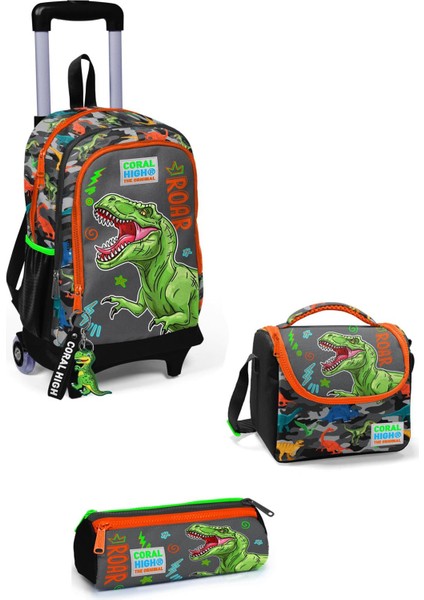 Kids Siyah Gri Dinozor Desenli Üç Bölmeli Çekçekli Okul 3'lü Çanta Seti 3SET23944