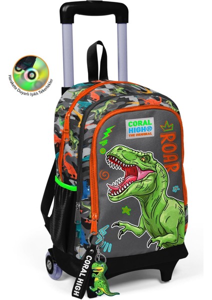 Kids Siyah Gri Dinozor Desenli Üç Bölmeli Çekçekli Okul 3'lü Çanta Seti 3SET23944 modelleri