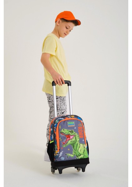 Kids Siyah Gri Dinozor Desenli Üç Bölmeli Çekçekli Okul 3'lü Çanta Seti 3SET23944 fırsatları
