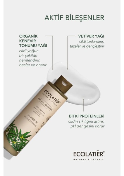 Vegan Duş Yağı Organik Kenevir, Sıkılaştırıcı Yumuşatıcı Rahatlıcı 250 ml / Shower Oil Lifting