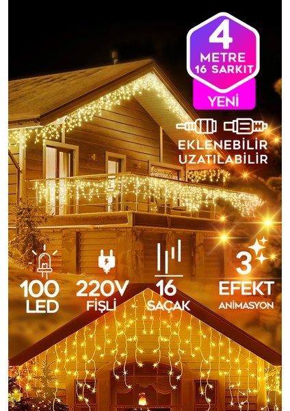 Sarı LED Işık Sarkıt Efekt Modlu 4 Metre 100 LED 16 Saçak Iç & Dış Dekor Süsleme 220V Fişli