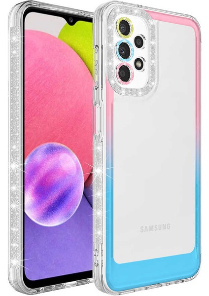 Samsung Galaxy A33 5g Kılıf Simli ve Renk Geçiş Tasarımlı Lens Korumalı Park Kapak - Pembe - Mavi