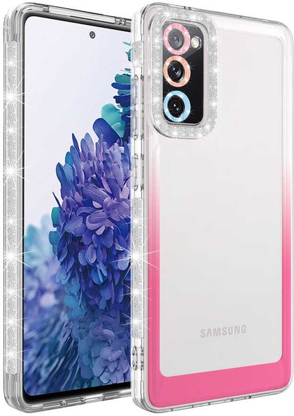 Samsung Galaxy S20 Fe Kılıf Simli ve Renk Geçiş Tasarımlı Lens Korumalı Park Kapak - Beyaz - Pembe