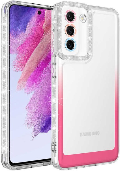 Samsung Galaxy S21 Fe Kılıf Simli ve Renk Geçiş Tasarımlı Lens Korumalı Park Kapak - Beyaz - Pembe