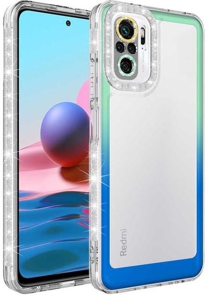 Xiaomi Redmi Note 10 Kılıf Simli ve Renk Geçiş Tasarımlı Lens Korumalı Park Kapak - Yeşil - Mavi