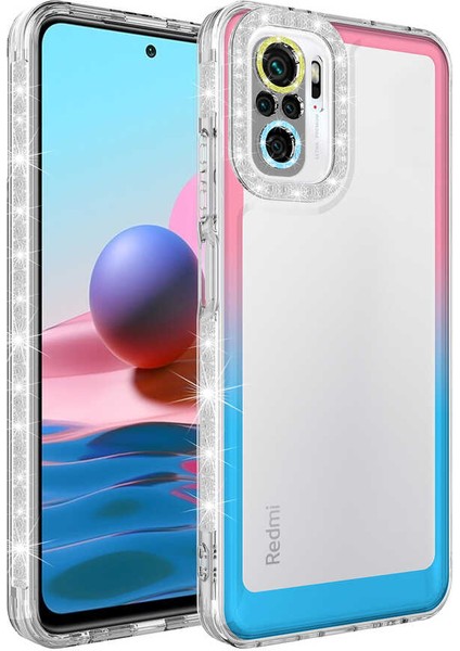 Xiaomi Redmi Note 10S Kılıf Simli ve Renk Geçiş Tasarımlı Lens Korumalı Park Kapak - Pembe - Mavi
